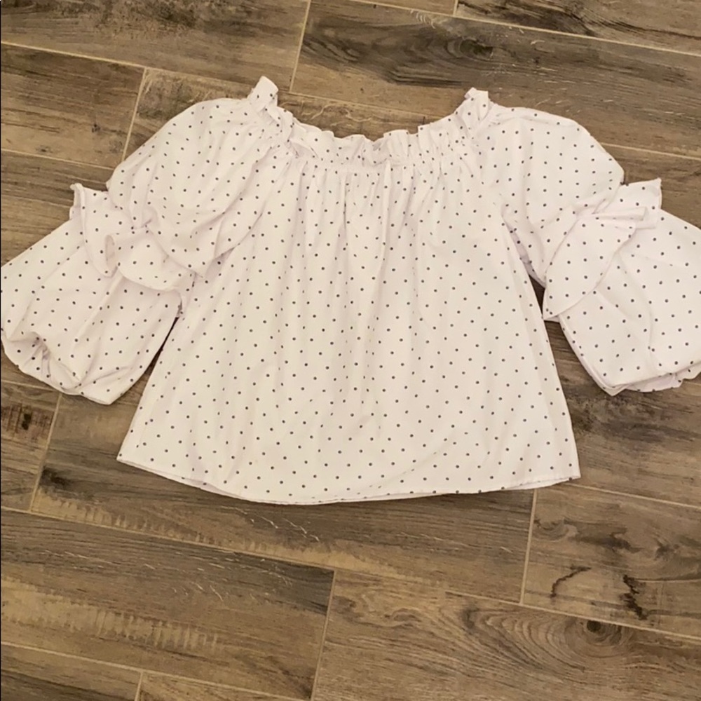 Do + Be,  Off Shoulder White and Blue Dot Blouse